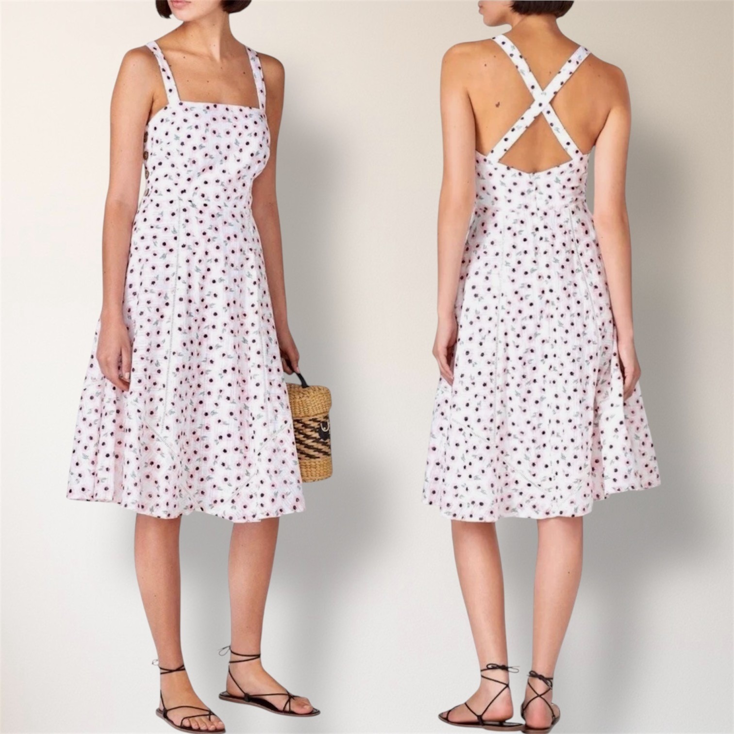 Hutch White Floral Mini Dress Crossback Straps Milkmaid Spring Wedding Guest